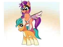 Size: 1861x1388 | Tagged: safe, derpibooru import, hitch trailblazer, sunny starscout, earth pony, pony, g5, my little pony: a new generation, my little pony: tell your tale, best friends, colt, fake horn, fake wings, female, foal, friends, happy, image, male, male and female, png, ponies riding ponies, riding, simple background, smiling