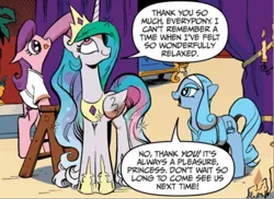 Size: 658x478 | Tagged: safe, derpibooru import, idw, princess celestia, unnamed character, unnamed pony, earth pony, pony, spoiler:comicm10, clothes, crown, female, image, jewelry, mare, png, regalia, robe, spa pony