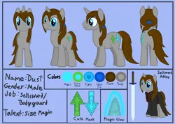 Size: 3000x2134 | Tagged: safe, derpibooru import, oc, oc:dust, unofficial characters only, pony, unicorn, armor, bodyguard, character background in description, chestplate, clothes, cutie mark, duster coat, image, leather, leather armor, magic, magic aura, male, multiple angles, png, ponytail, reference sheet, simple background, solo, stallion, sword, text, trenchcoat, turnaround, twilight guard, weapon