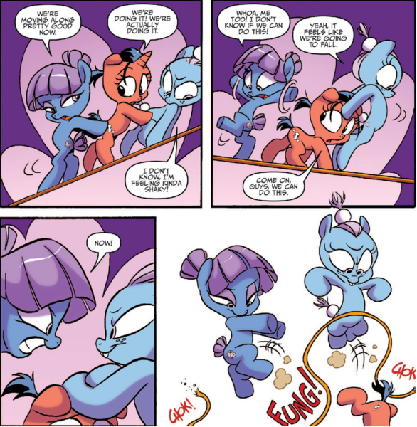 Size: 1594x1632 | Tagged: safe, artist:jay fosgitt, derpibooru import, idw, rhoda ruby, thestra, earth pony, pony, unicorn, spoiler:comic, spoiler:comicff28, buttercup (g4), evil, evil grin, female, filly, foal, grin, image, png, smiling