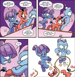 Size: 1594x1632 | Tagged: safe, artist:jay fosgitt, derpibooru import, idw, rhoda ruby, thestra, earth pony, pony, unicorn, spoiler:comic, spoiler:comicff28, buttercup (g4), evil, evil grin, female, filly, foal, grin, image, png, smiling