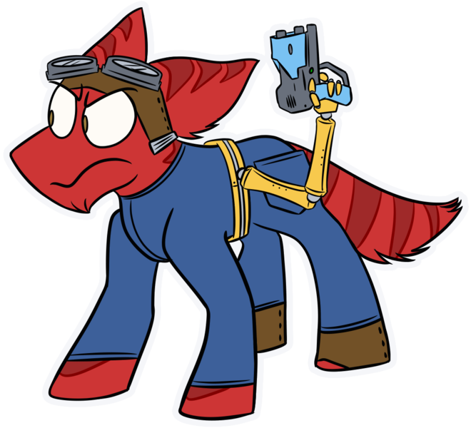 Size: 1100x1000 | Tagged: safe, artist:grandfinaleart, derpibooru import, oc, unofficial characters only, alien, alien pony, original species, alternate universe, angry, brown eyes, clothes, digital art, facial hair, goatee, goggles, goggles on head, image, jumpsuit, laser pistol, male, png, red fur, robotic arm, scowl, simple background, solo, stripes, transparent background, weapon