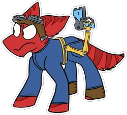 Size: 1100x1000 | Tagged: safe, artist:grandfinaleart, derpibooru import, oc, unofficial characters only, alien, alien pony, original species, alternate universe, angry, brown eyes, clothes, digital art, facial hair, goatee, goggles, goggles on head, image, jumpsuit, laser pistol, male, png, red fur, robotic arm, scowl, simple background, solo, stripes, transparent background, weapon