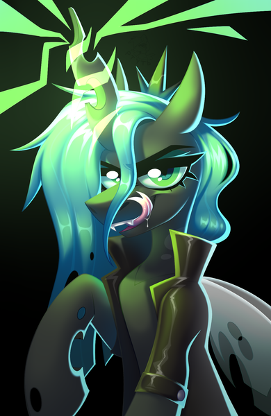 Size: 1300x2000 | Tagged: safe, artist:rtootb, derpibooru import, queen chrysalis, changeling, changeling queen, pony, clothes, digital art, drool, event, evil, evil grin, female, g4, green eyes, grin, horn, image, jacket, leather, leather jacket, looking at you, magic, makeup, mare, open mouth, png, shading, smiling, teeth, tongue out, wings