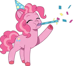 Size: 1323x1184 | Tagged: safe, artist:prixy05, derpibooru import, pinkie pie, earth pony, pony, g5, my little pony: tell your tale, confetti, g4, g4 to g5, generation leap, hat, image, party hat, party horn, png, simple background, solo, transparent background, vector