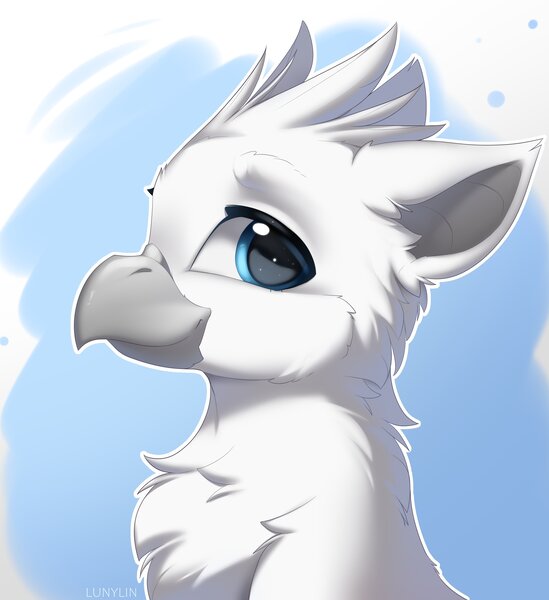 Size: 3330x3642 | Tagged: safe, artist:lunylin, derpibooru import, oc, unofficial characters only, gryphon, beak, bust, chest fluff, griffon oc, image, jpeg, looking at you, neck fluff, side view, simple background, smiling, solo