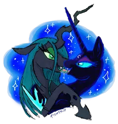 Size: 509x535 | Tagged: suggestive, artist:fishtrix, derpibooru import, nightmare moon, queen chrysalis, alicorn, changeling, pony, chrysmoon, crossed horns, derpibooru exclusive, drool, drool string, duo, eyeshadow, fangs, female, flowing mane, french kiss, horn, horns are touching, hug, image, kissing, lesbian, long eyelashes, makeup, mare, no armor, png, sharp teeth, shipping, signature, simple background, slit pupils, sparkles, sparkly mane, teeth, transparent background