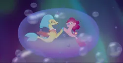 Size: 1141x595 | Tagged: safe, derpibooru import, screencap, pinkie pie, princess skystar, pony, seapony (g4), my little pony: the movie, aquastria, bubble, cute, duo, duo female, eyes closed, female, image, in bubble, jpeg, mare, one small thing, open mouth, open smile, seaponified, seapony pinkie pie, smiling, species swap, underwater, water