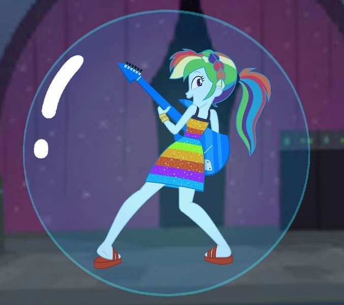 Size: 812x720 | Tagged: safe, derpibooru import, rainbow dash, human, equestria girls, rainbow rocks, bubble, female, guitar, image, in bubble, jpeg, musical instrument, show, singing, summer outfit