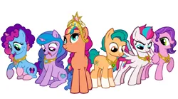 Size: 1280x711 | Tagged: safe, artist:dazzle, derpibooru import, hitch trailblazer, izzy moonbow, pipp petals, sunny starscout, zipp storm, earth pony, pegasus, pony, unicorn, g5, big crown thingy, blaze (coat marking), coat markings, element of generosity, element of honesty, element of kindness, element of laughter, element of loyalty, element of magic, elements of harmony, facial markings, freckles, g4, g5 to g4, generation leap, image, jewelry, mane five, misty brightdawn, open mouth, open smile, pale belly, png, regalia, smiling, socks (coat marking)