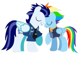Size: 1279x945 | Tagged: safe, artist:mlplary6, derpibooru import, rainbow dash, soarin', pegasus, pony, bomber jacket, clothes, eyes closed, female, husband and wife, image, jacket, male, mare, older, older rainbow dash, older soarin', png, shipping, simple background, soarindash, stallion, straight, transparent background, vector