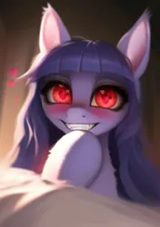 Size: 512x728 | Tagged: safe, derpibooru import, machine learning generated, stable diffusion, bat pony, ai content, bat ponified, female, generator:pony diffusion v5, grin, heart, image, laughing, png, race swap, red eyes, smiling, solo, solo female, yandere