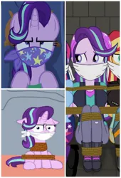 Size: 1000x1469 | Tagged: safe, derpibooru import, starlight glimmer, human, pony, unicorn, equestria girls, road to friendship, bondage, bound and gagged, cloth gag, gag, humanized, image, jpeg, over the nose gag, starlight's gag, tied up