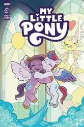 Size: 2063x3131 | Tagged: safe, artist:robin easter, derpibooru import, idw, official, pipp petals, zipp storm, fox, pegasus, pony, g5, spoiler:comic, spoiler:g5comic, spoiler:g5comic20, adorapipp, adorazipp, blushing, colored hooves, comic cover, cute, diadem, female, flying, glowing cutie mark, gold hooves, happy, hooves, hug, image, jewelry, jpeg, kitsune, mare, milkyway, my little pony logo, official comic, regalia, royal sisters (g5), sibling love, siblings, silver hooves, sisterly love, sisters, spread wings, stained glass, text, unshorn fetlocks, wings