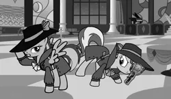 Size: 1316x762 | Tagged: safe, artist:mlpfan3991, derpibooru import, sunset shimmer, oc, oc:flare spark, pegasus, pony, unicorn, aura, canterlot, clothes, detective, fedora, female, hat, image, jpeg, magnifying glass, mare, noir, trenchcoat