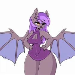Size: 2000x2000 | Tagged: suggestive, artist:dub_doodles, derpibooru import, oc, unofficial characters only, anthro, bat pony, bat pony oc, bat wings, big lips, boob window, breasts, cleavage, clothes, dress, eyebrows, eyebrows visible through hair, fangs, female, image, jpeg, one eye closed, simple background, spread wings, swimsuit, thighs, thunder thighs, white background, wide hips, wings, wink