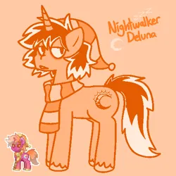 Size: 480x480 | Tagged: safe, artist:blex, derpibooru import, oc, oc:nightwalker deluna, unofficial characters only, pony, unicorn, pony town, bags under eyes, clothes, colored, dyed mane, dyed tail, full body, hat, image, lidded eyes, monochrome, nightcap, orange background, png, quadrupedal, scarf, simple background, solo, standing, striped scarf, tail, unshorn fetlocks