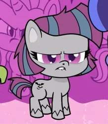 Size: 381x436 | Tagged: safe, derpibooru import, screencap, unnamed character, unnamed pony, earth pony, pony, unicorn, my little pony: pony life, spoiler:pony life s02e22, angry, annoyed, female, frown, gray coat, image, jpeg, lip bite, mare, narrowed eyes, rutabaga rascal, scowl, solo focus, the shows must go on, unknown pony, unshorn fetlocks