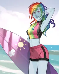 Size: 3200x4000 | Tagged: safe, artist:joe pekar, derpibooru import, part of a set, rainbow dash, human, equestria girls, equestria girls series, forgotten friendship, arm behind head, beach, clothes, geode of super speed, image, jpeg, looking at you, magical geodes, midriff, multiple variants, ocean, smiling, smiling at you, solo, surfboard, swimsuit, water