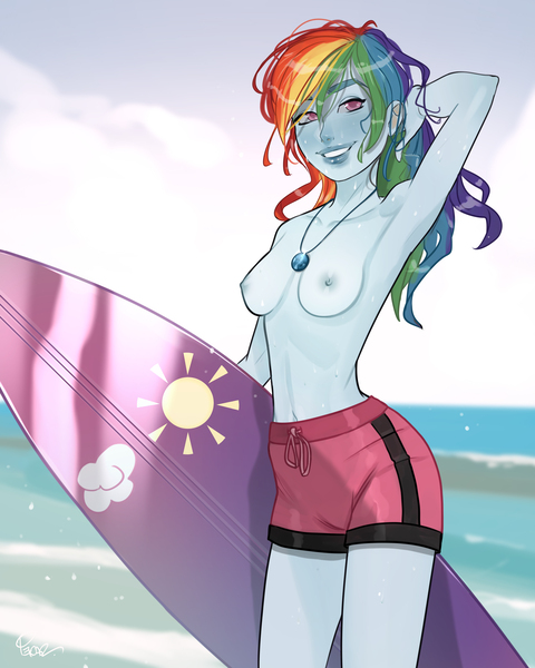 Size: 3200x4000 | Tagged: questionable, artist:joe pekar, derpibooru import, part of a set, rainbow dash, human, equestria girls, equestria girls series, forgotten friendship, arm behind head, beach, belly button, breasts, clothes, geode of super speed, image, jpeg, looking at you, magical geodes, multiple variants, nipples, nudity, ocean, partial nudity, smiling, smiling at you, solo, surfboard, swimming trunks, swimsuit, tomboy, topless, water