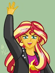 Size: 1668x2224 | Tagged: safe, artist:mayorlight, derpibooru import, sunset shimmer, equestria girls, equestria girls (movie), clothes, cutie mark, cutie mark on clothes, digital art, equestria girls 10th anniversary, green background, image, jacket, leather, leather jacket, looking at you, open mouth, png, raised arm, scene interpretation, simple background, solo, you must be new here
