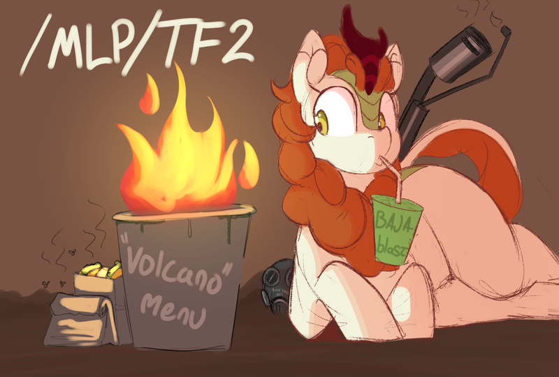 Size: 3093x2089 | Tagged: artist needed, safe, derpibooru import, autumn blaze, kirin, /mlp/ tf2 general, baja blast, drink, drinking, drinking straw, fire, flamethrower, image, png, pyro, pyro mask, solo, taco bell, text, trash, trash can, volcano menu, weapon