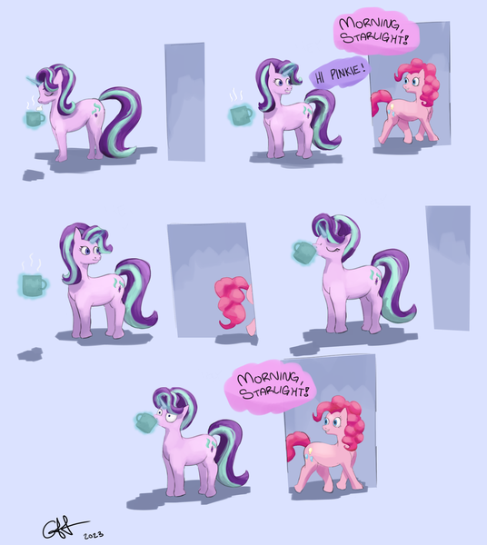 Size: 1920x2151 | Tagged: safe, artist:calebpedigo, derpibooru import, pinkie pie, starlight glimmer, earth pony, pony, unicorn, atg 2023, clone, coffee, coffee mug, comic, dialogue, drink, drinking, duo, female, image, mare, mug, multeity, newbie artist training grounds, pinkie clone, png, purple background, signature, simple background, speech bubble