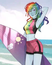 Size: 3200x4000 | Tagged: safe, artist:joe pekar, derpibooru import, part of a set, rainbow dash, human, equestria girls, equestria girls series, forgotten friendship, arm behind head, beach, belly button, clothes, futa, geode of super speed, image, intersex, jpeg, looking at you, magical geodes, midriff, multiple variants, ocean, smiling, smiling at you, surfboard, swimming trunks, swimsuit, water