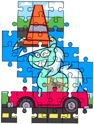 Size: 3685x4862 | Tagged: safe, artist:threetwotwo32232, derpibooru import, lyra heartstrings, pony, unicorn, car, food, image, oats, png, puzzle, simple background, solo, traffic cone, transparent background