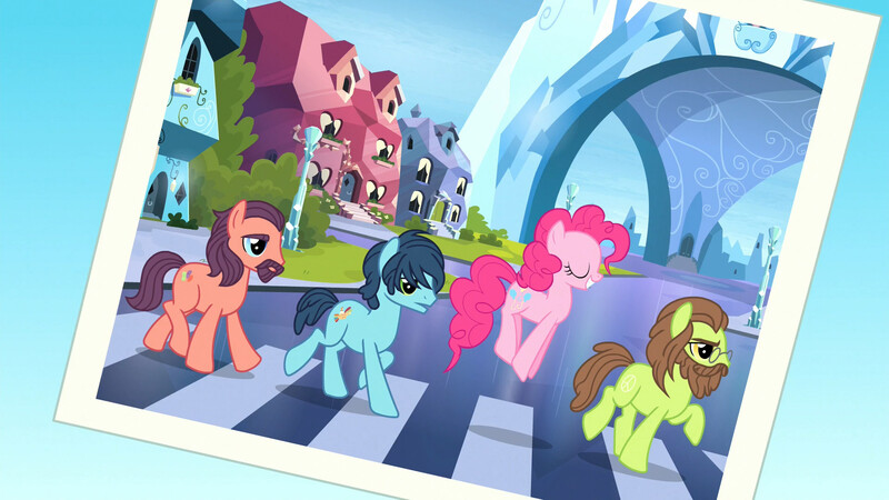 Size: 1920x1080 | Tagged: safe, derpibooru import, screencap, lonely hearts, northern song, pinkie pie, strawberry fields, ponified, earth pony, pony, party pooped, abbey road, beard, crystal empire, facial hair, george harrison, image, john lennon, jpeg, male, paul mccartney, pinko starr, pronking, stallion, the beatles, walking