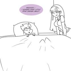 Size: 1200x1200 | Tagged: safe, artist:thicc-verse, derpibooru import, spike, twilight sparkle, human, bed, black and white, dialogue, duo, duo male and female, female, grayscale, humanized, image, lying down, male, monochrome, on back, partial color, png, simple background, sleeping, speech bubble, white background