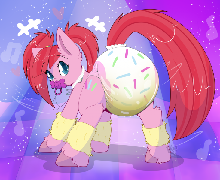 Size: 2120x1738 | Tagged: questionable, artist:maynara, derpibooru import, pacific glow, pony, clothes, diaper, diaper fetish, fetish, image, leg warmers, pacifier, png, presenting, solo, wet diaper