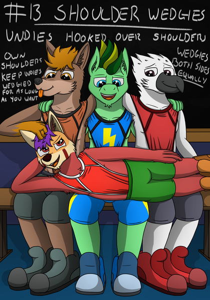Size: 3000x4300 | Tagged: suggestive, artist:tacomytaco, derpibooru import, oc, oc:taco.m.tacoson, unofficial characters only, anthro, avian, bird, coyote, pegasus, pony, red panda, comic:taco and co demonstrate wedgies, briefs, chalkboard, clothes, comic, image, lying down, male, males only, noogie, partial nudity, png, shoes, shorts, shoulder wedgie, side, smiling, text, tongue out, topless, underwear, wedgie, writing