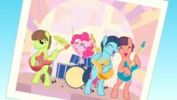 Size: 1920x1080 | Tagged: safe, derpibooru import, screencap, lonely hearts, northern song, pinkie pie, strawberry fields, ponified, earth pony, pony, party pooped, cymbals, drums, drumsticks, george harrison, guitar, image, john lennon, jpeg, male, musical instrument, paul mccartney, pinko starr, playing instrument, singing, stallion, the beatles
