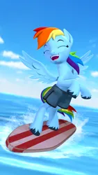 Size: 2160x3840 | Tagged: safe, artist:owlpirate, derpibooru import, rainbow dash, pegasus, pony, 3d, 4k, bipedal, clothes, eyes closed, female, high res, image, mare, open mouth, open smile, png, smiling, solo, source filmmaker, spread wings, surfboard, surfing, swimming trunks, swimsuit, unshorn fetlocks, wings