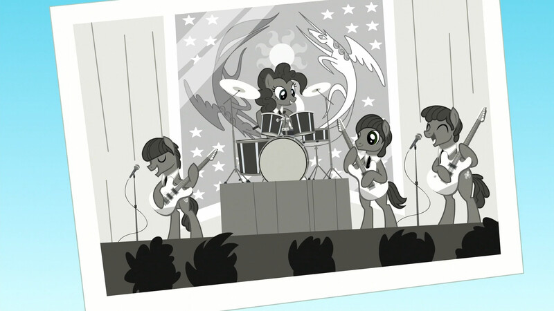 Size: 1920x1080 | Tagged: safe, derpibooru import, screencap, lonely hearts, northern song, pinkie pie, strawberry fields, ponified, earth pony, pony, party pooped, black and white, crowd, cymbals, drums, drumsticks, ed sullivan show, equestrian flag, george harrison, grayscale, guitar, image, john lennon, jpeg, male, microphone, monochrome, musical instrument, paul mccartney, pinko starr, platform, playing instrument, silhouette, singing, stage, stallion, the beatles