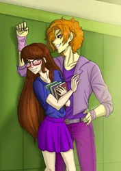 Size: 957x1350 | Tagged: safe, artist:daazzlin, derpibooru import, adagio dazzle, oc, equestria girls, allegro amoroso, blushing, canon x oc, clothes, equestria guys, female, glasses, height difference, image, jpeg, male, nerd, rule 63, shipping, straight