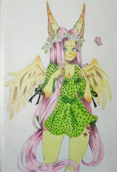 Size: 3010x4436 | Tagged: safe, artist:sheetofplywood8, derpibooru import, fluttershy, butterfly, human, insect, big ears, blushing, clothes, cutie mark on human, dress, eared humanization, female, floral head wreath, flower, humanized, image, jpeg, long ears, looking up, pony coloring, traditional art, winged humanization, wings