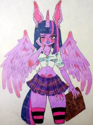 Size: 3356x4485 | Tagged: safe, artist:sheetofplywood8, derpibooru import, twilight sparkle, human, blushing, clothes, eared humanization, horn, horned humanization, humanized, image, jpeg, lipstick, midriff, one eye closed, pony coloring, short hair, skirt, socks, solo, striped socks, winged humanization, wings