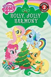 Size: 1696x2560 | Tagged: safe, derpibooru import, official, applejack, fluttershy, pinkie pie, rainbow dash, earth pony, pegasus, pony, bauble, book cover, box, christmas, christmas tree, cover, female, fir tree, flying, g4, holiday, holly, holly in mane, holly jolly harmony, image, jpeg, mare, ornament, passport to reading, stock vector, tinsel, tree, tree topper