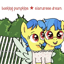 Size: 590x590 | Tagged: safe, artist:kleyime, derpibooru import, oc, oc:eeny meeny, oc:miney moe, ponified, unofficial characters only, earth pony, pony, album, album cover, album parody, bush, clothes, conjoined, conjoined twins, dress, fake wings, female, fence, filly, foal, image, ms paint, multiple heads, png, ponified album cover, siamese dream, siblings, sisters, smashing pumpkins, the smashing pumpkins, twins, two heads