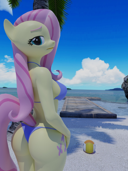 Size: 9000x12000 | Tagged: suggestive, artist:lumimation, derpibooru import, fluttershy, anthro, 3d, beach, bikini, bikini bottom, bikini top, blender, clothes, derpibooru exclusive, high res, image, looking at you, looking back, png, sports, swimsuit, volleyball