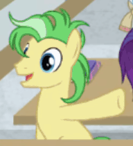 Size: 192x211 | Tagged: safe, derpibooru import, screencap, earth pony, pony, friendship university, animated, cropped, gif, image, las pegasus resident, male, offscreen character, raised hoof, saturn (g4), solo focus, stallion