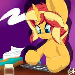 Size: 2048x2048 | Tagged: safe, artist:dianetgx, derpibooru import, sunset shimmer, unicorn, equestria girls, bottle, equestria girls 10th anniversary, graphics card, image, looking at something, png, tissue box