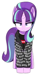 Size: 1250x2000 | Tagged: safe, artist:thebatfang, derpibooru import, starlight glimmer, pony, unicorn, clothes, drip, fashion, female, image, jacket, looking at you, looking up, looking up at you, mare, meme, png, s5 starlight, shirt, simple background, solo, supreme, t-shirt, transparent background