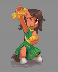 Size: 1290x1598 | Tagged: artist needed, safe, derpibooru import, oc, oc:robertapuddin, cheerleader, cheerleader outfit, clothes, cute, image, jpeg, one eye closed, shy, wink
