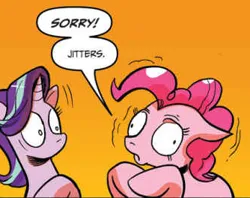 Size: 334x265 | Tagged: safe, artist:andypriceart, derpibooru import, idw, official, pinkie pie, starlight glimmer, earth pony, unicorn, apology, comics, cross-eyed, image, png, poofy mane, wide eyes