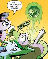 Size: 428x523 | Tagged: safe, artist:andypriceart, derpibooru import, idw, official, rainbow dash, spike, twilight sparkle, the return of queen chrysalis, spoiler:comic01, burp, comics, image, out of context, png