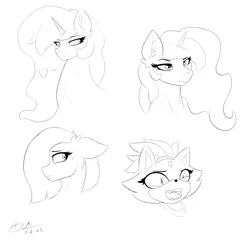 Size: 2500x2500 | Tagged: safe, artist:astrum, derpibooru import, marble pie, princess celestia, princess luna, alicorn, cat, earth pony, pony, bedroom eyes, blaze the cat, bust, chest fluff, digital art, disgusted, ethereal hair, ethereal mane, eyebrows, fangs, head tilt, heart, image, lidded eyes, looking sideways, missing accessory, monochrome, open mouth, png, raised eyebrow, shy, simple background, sketch, smiling, sonic the hedgehog (series), white background