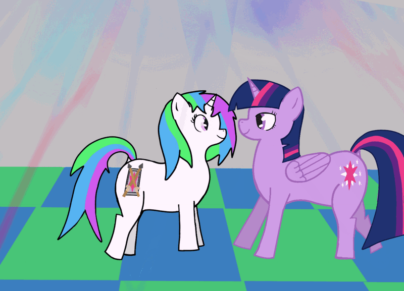 Size: 1200x865 | Tagged: safe, artist:minecake, derpibooru import, twilight sparkle, twilight sparkle (alicorn), oc, oc:cake sparkle, alicorn, unicorn, animated, canon x oc, dance floor, dancing, duo, duo female, female, flashing lights, gif, image, lesbian, shipping, size difference